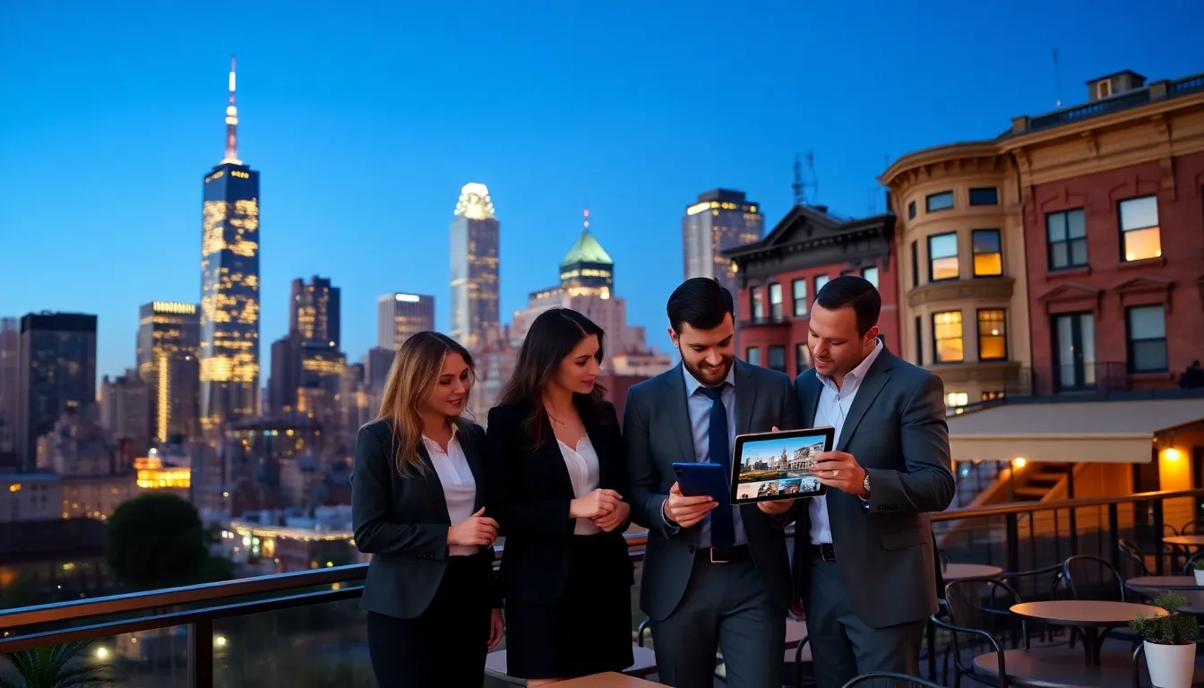 diverse professionals discussing real estate in front of NYC skyline.