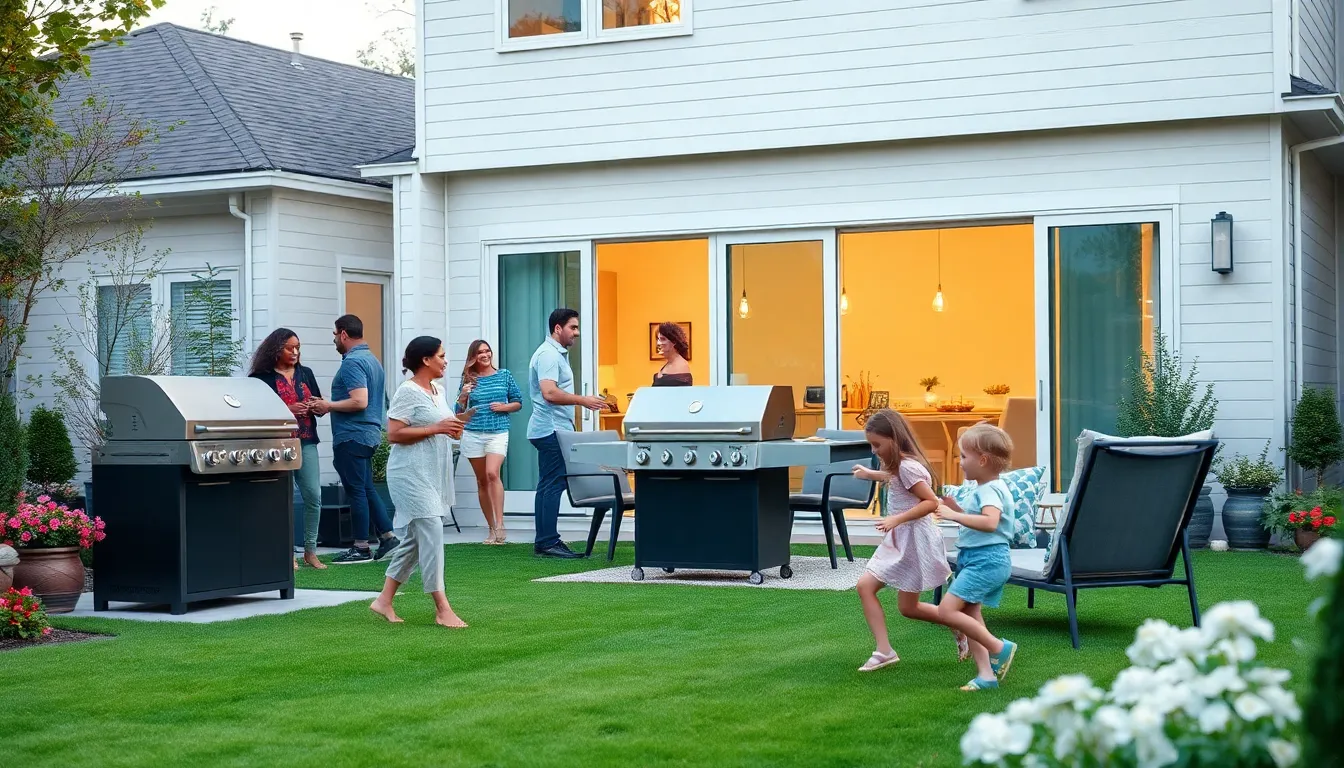 diverse group enjoying a barbecue in a modern outdoor living space.