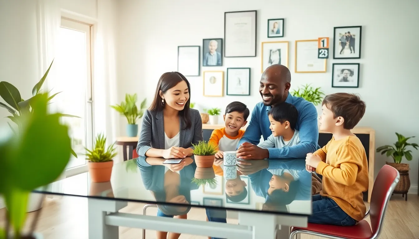 family discussing finances in a bright home interior.