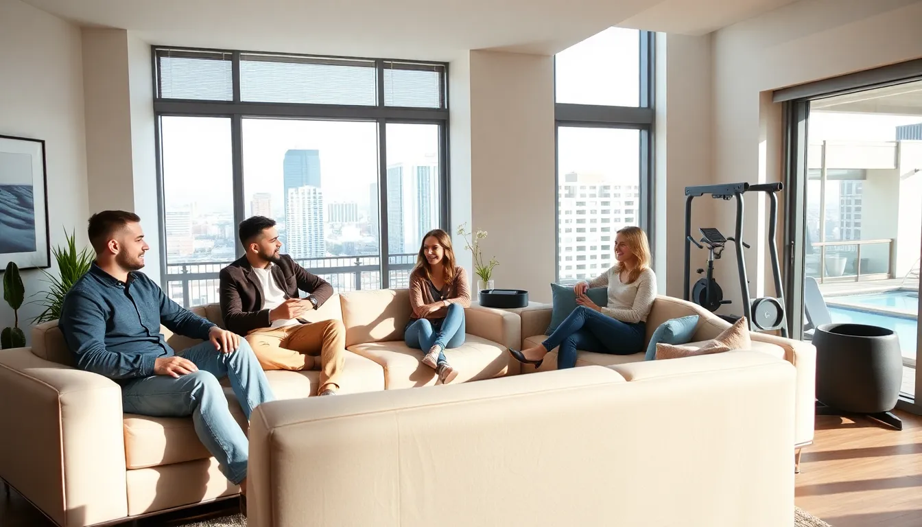 modern condo living space with diverse professionals socializing.